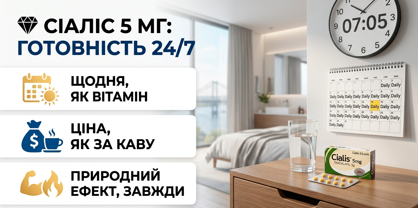 Інфографіка Сіаліс 5 мг: щоденний прийом для постійної готовності 24/7, доступна ціна та природний ефект на Cialis-24.com